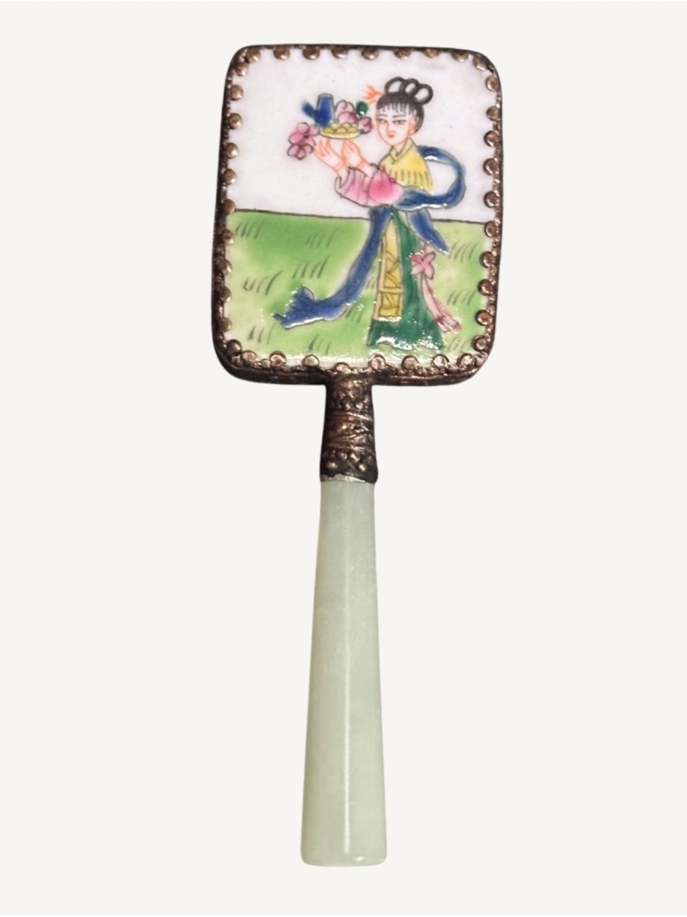 Authentic Jade & Hand Painted Porcelain Hand Mirror w/ Ornate Silver Metalwork